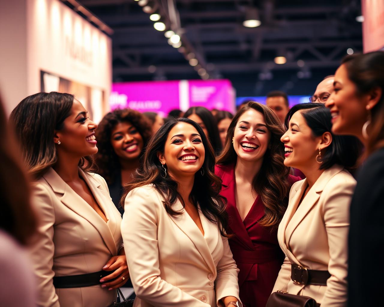 Profissionais do setor de beleza em momento de conexão durante evento