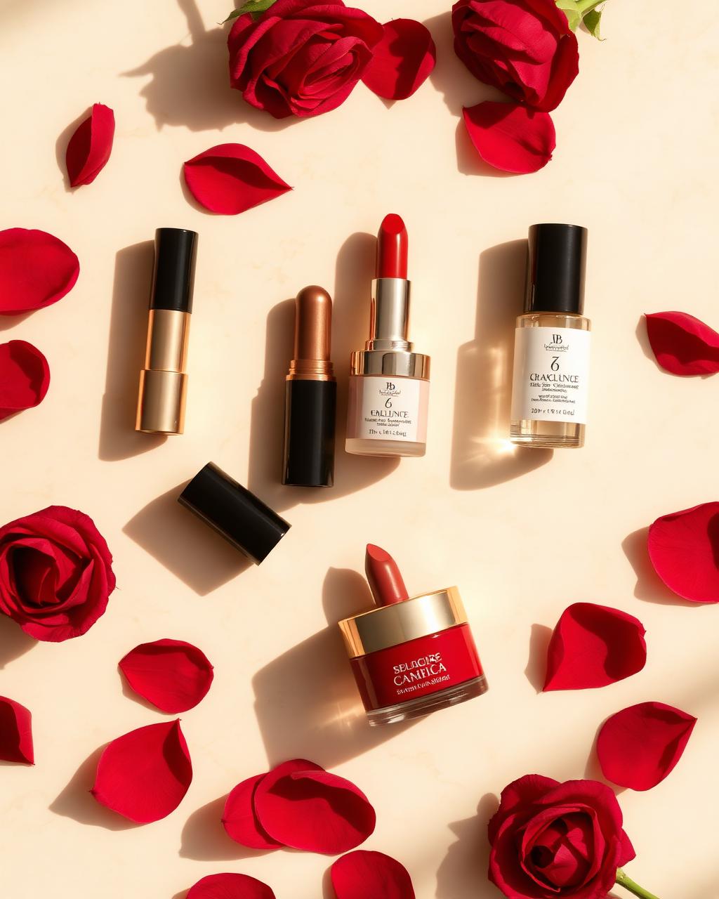 Composição editorial de cosméticos em tons vermelhos com pétalas de rosa