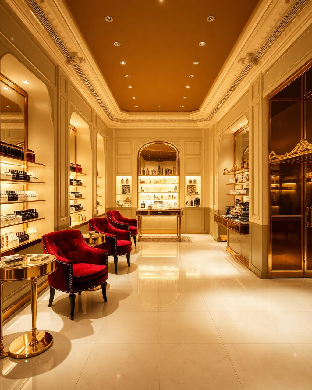 Interior de boutique de beleza de luxo com poltronas de veludo vinho